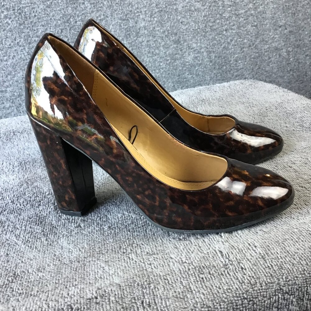 New York & Company Sz‎ 9M Vegan Patent Leather Leopard Print 3.5" Pumps Heels